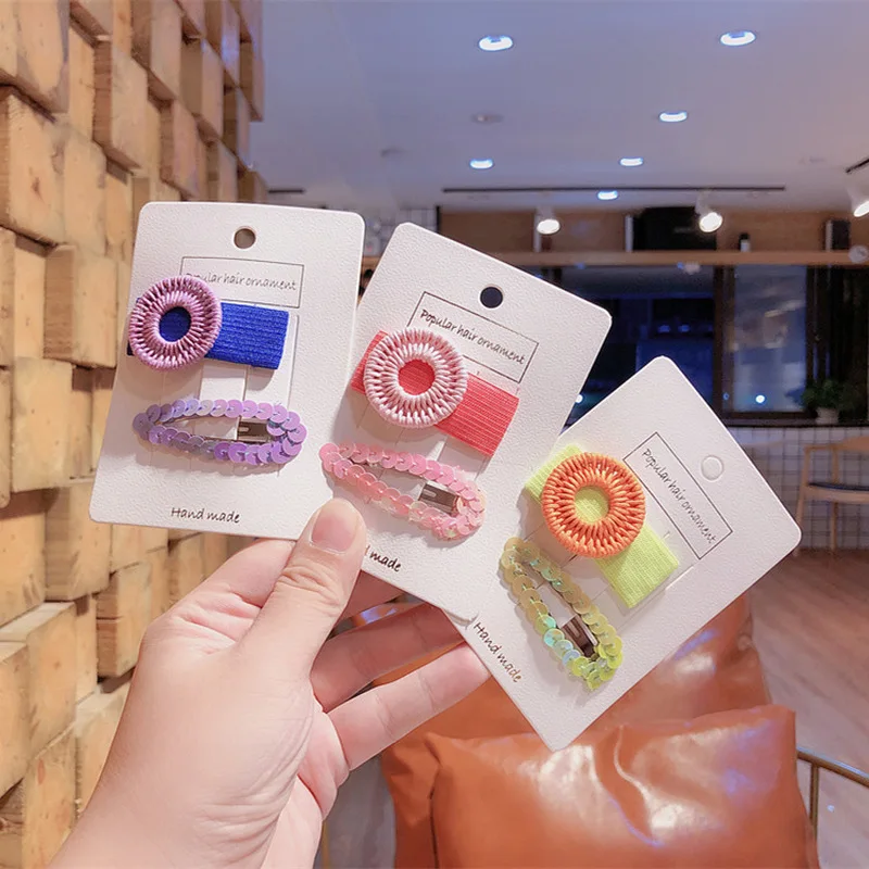 

2 Pcs Korean Children Simple Cute Colorful Sequins BB Clip Fashion Princess Girl Bamboo Weaving Round Hairpins Hair Accessories
