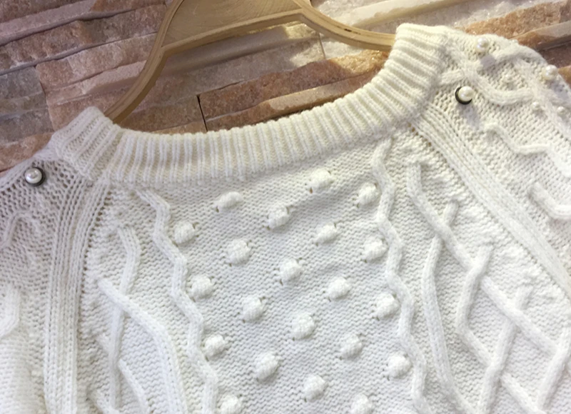 Белый вязаный пуловер, топы для женщин, круглый вырез, длинный рукав, жемчуг, бисер, вязаный свитер для женщин, весна и осень, элегантный женский свитер