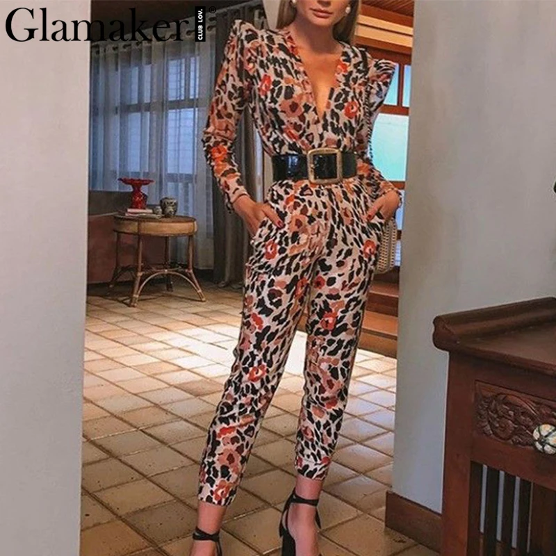 Женский трикотажный комбинезон с леопардовым принтом Glamaker элегантный v образным
