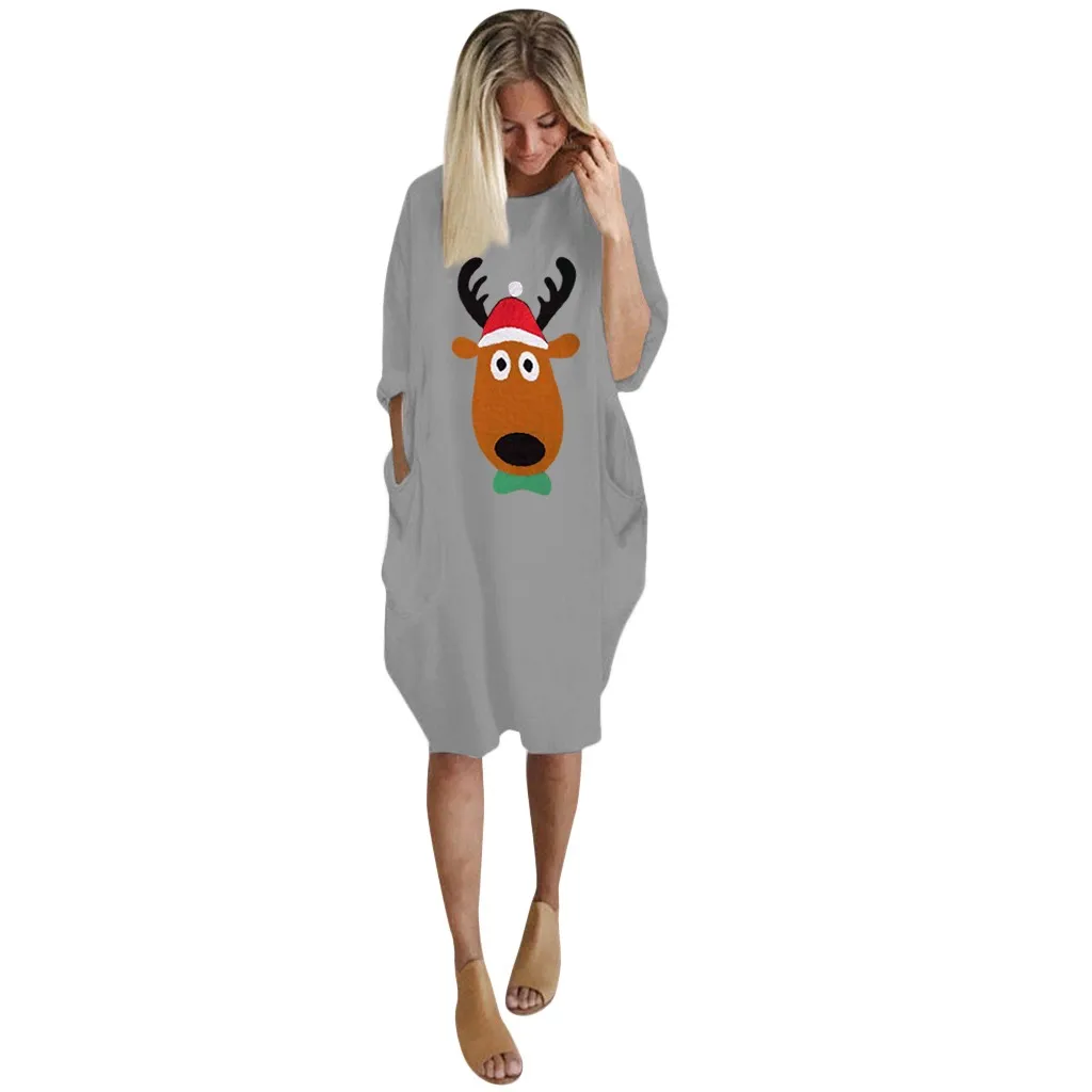 5XL винтажное платье до колена с длинным рукавом рождественское повседневное свободное платье размера плюс ретро Макси платья женские вечерние платья с круглым вырезом - Цвет: Серый