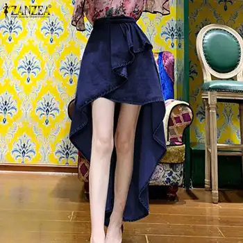 

Fashion Asymmetrical Skirts Women's Denim Blue Vestidos 2020 ZANZEA High Waist Mini Faldas Saia Female Ruffle Skirt Plus Size