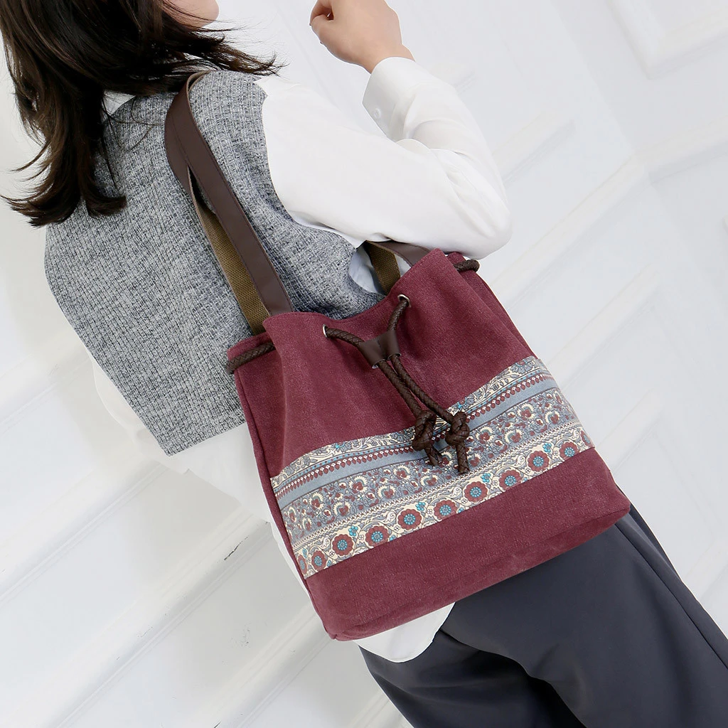Style Canvas Handbags Women Drawstring Bucket Bag Lady Cheap Shoulder Single Shoulder Shopping Bags Floral Printed Beach Bag 820