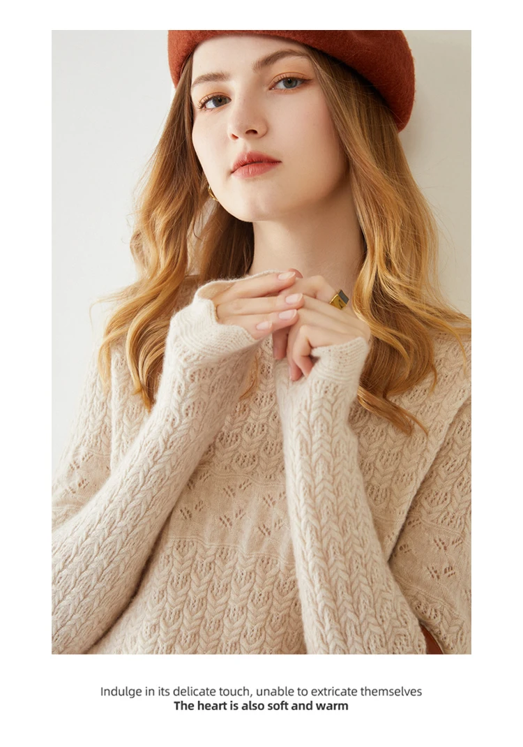 Women New Pure Cashmere Sweater Spring/Autumn O-Neck Hollow Knit Loose Pullovers Fashion 100%Wool Sweater Wild Base Shirt Female white sweater