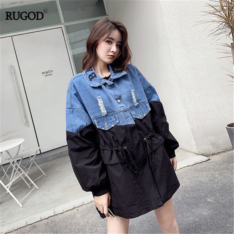 RUGOD 2019New осенне-зимние женские Лоскутные тренчи контрастного цвета с вышитым буквенным воротником на молнии корейское стильное джинсовое пальто