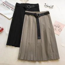 Женская длинная Плиссированная юбка миди с высокой талией, эластичная повседневная школьная однотонная серая черная винтажная юбка