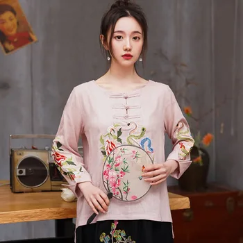 

Cotton Linen National Style Long Sleeve Fashion Retro Traditional Chinese Clothing for Women Embroidery Custom Tea Han Clothing