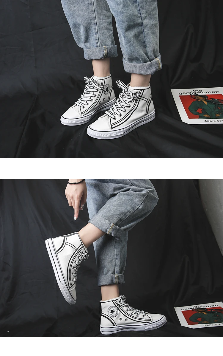White Women High-top Canvas Shoes Black Comfortable Sneakers Vulcanize Casual Shoes Chaussure Lace-up Ladies Trainers Footwear