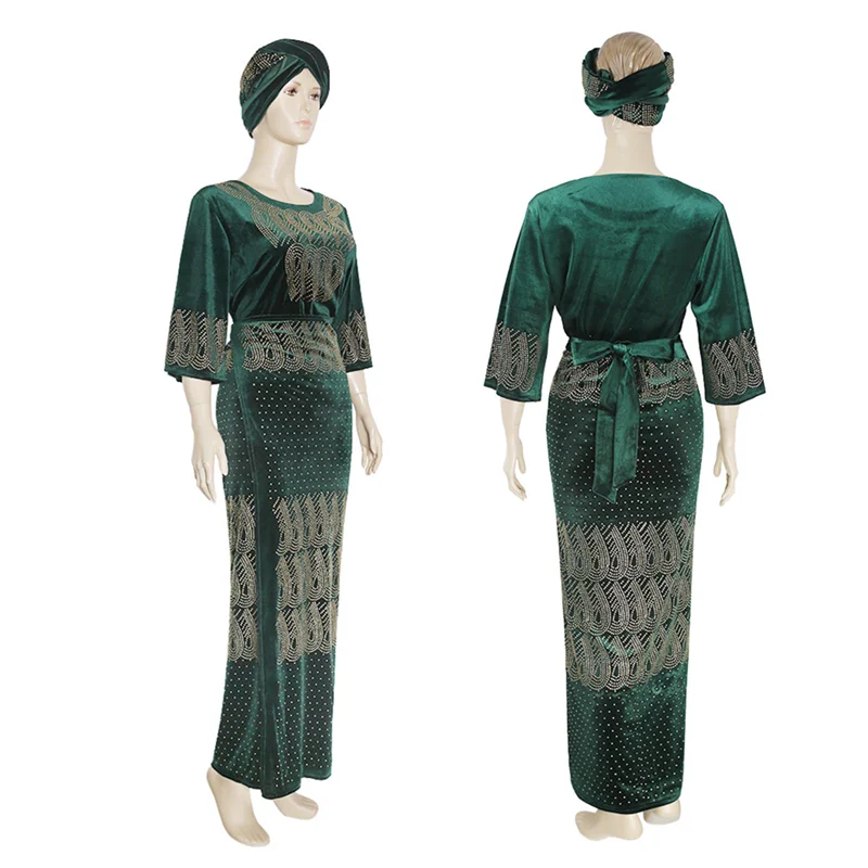Plus Size Velvet Dress Dashiki African Clothes For Women 3 Pieces Set Top Skirt With Headtie Ladies Long Maxi Party Dresses Robe