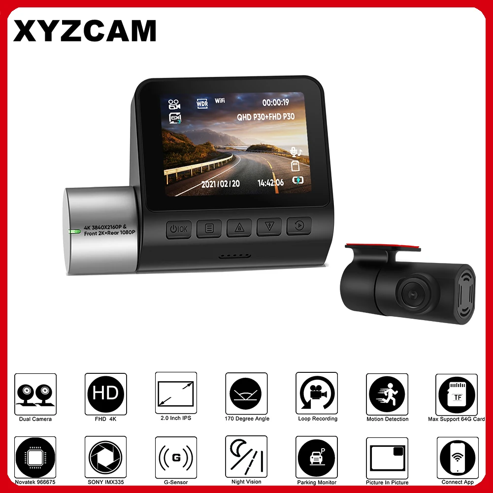 XYZCAM 2K 4K Dual Dash Cam 2.0 Inch LCD WiFi Car DVR Front Camera and Rear View Cam 170 Degree Wide Angle Car DVR 24H Parking