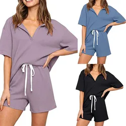 2021 Summer Women's Wear Home Solid Color Short Sleeve Casual Two Piece Suit  Lounge  Bedroom Set  2020 Cotton Pajama