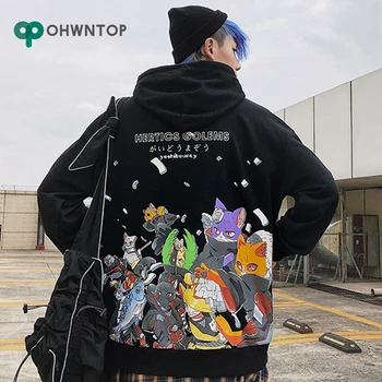 

Streetwear Mens Hoodies Anime Cat Japanese Cartoon Print Hooded Sweatshirts Mens Hip Hop Fashion Casual Pullover Hooded Male Top