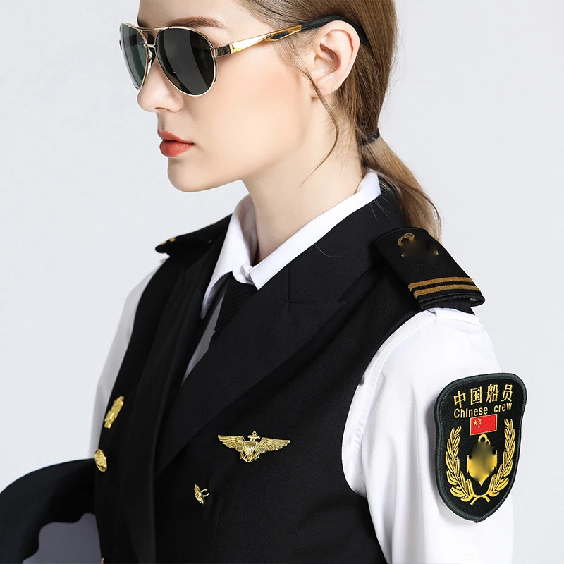 Китайская темно-Морская морская Униформа женщина капитан плечо уплотнение стандартная форма косплей КТВ жилет+ рубашка+ брюки слуга Спецодежда