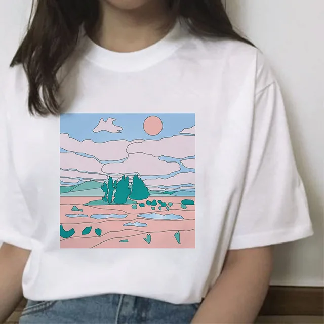 Закат над морем Harajuku белая женская футболка хлопковая футболка Летняя футболка Femme Vogue Топ японский стиль футболки