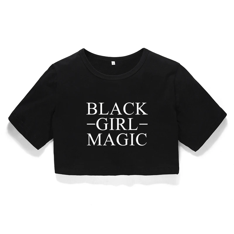 Для девочек черного цвета Magic женщин надписью короткая футболка Tumblr Феминистская