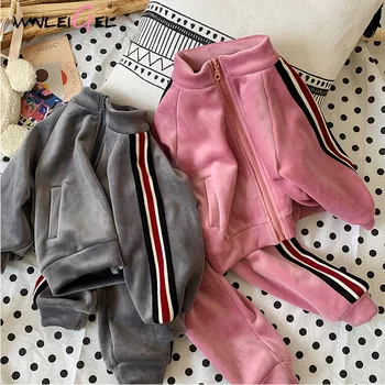 

2PCS WLG girls winter clothing set kids gray pink striped thick coat and pant set baby girl warm fashion clothes for 2-6 years