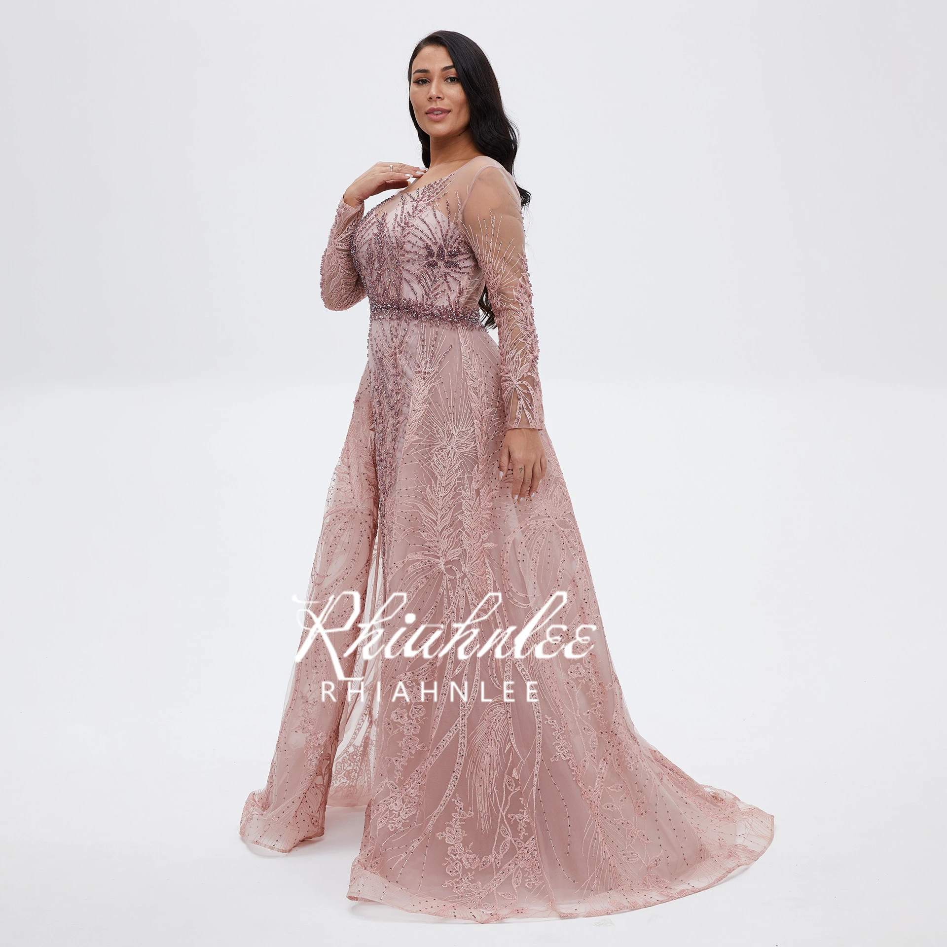 evening dresses for women Rhiahnlee Dubai Long Sleeve Pink Evening Dresses Scoop Neckline Lace Beading Floor Length Evening Gowns RA0026 evening dresses with sleeves