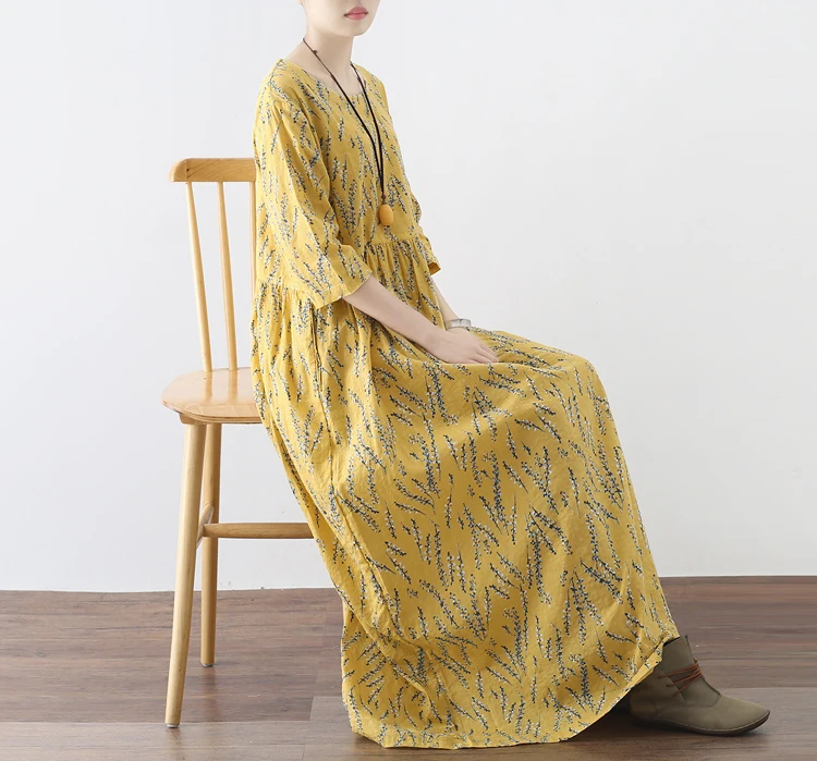 Spring Autumn Vintage Cotton Linen High Waist Floral Printing Dress Loose Casual Big Size Three Quarter Ladies Robe Dresses