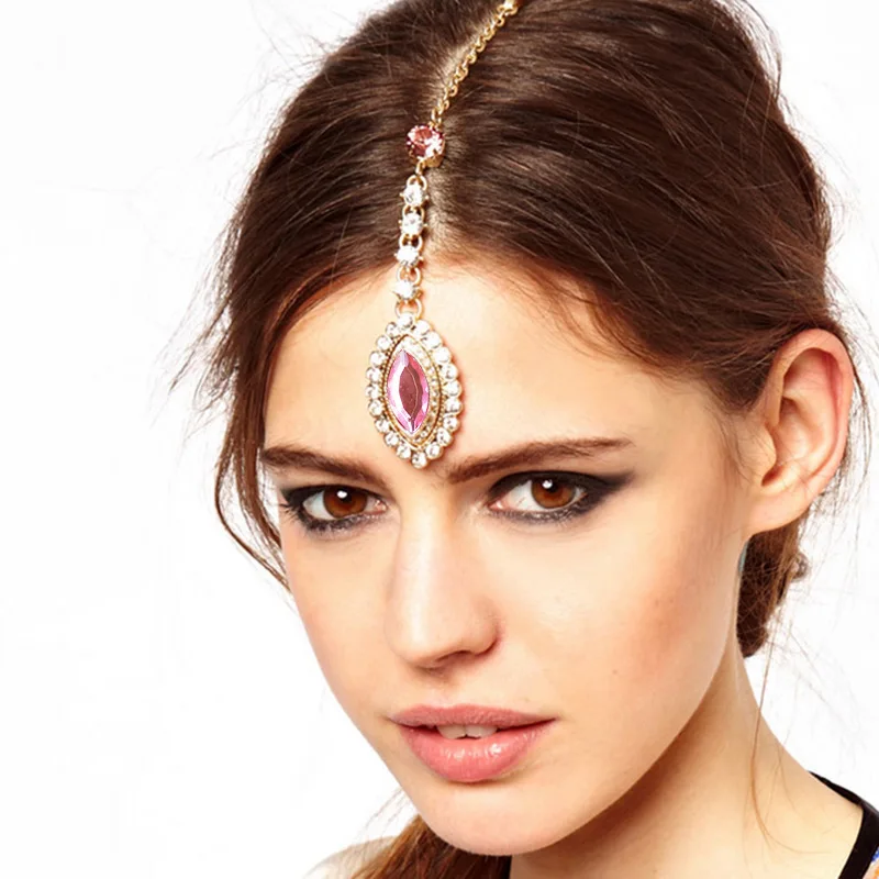 High Quality Red Pink Elegant India Style Crystal Hairpin Clips Forehead Pendant Jewelry Bride Noiva Bridal Wedding Headwear