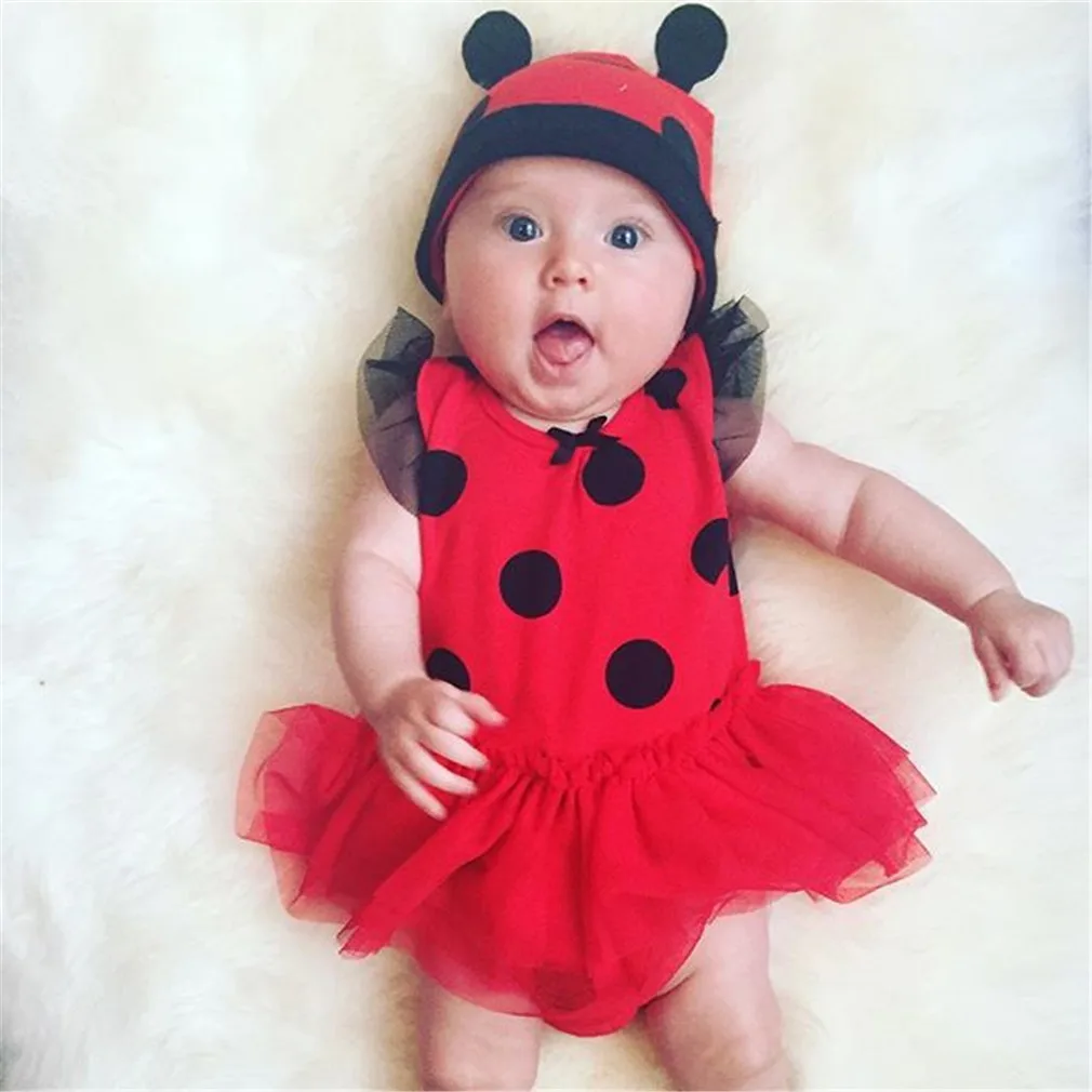 Toddler Newborn Baby Girls clothes Polka Dot Hat round neck sleeveless bow Tulle Geometry Bodysuit 2pc cotton summer kids outfit