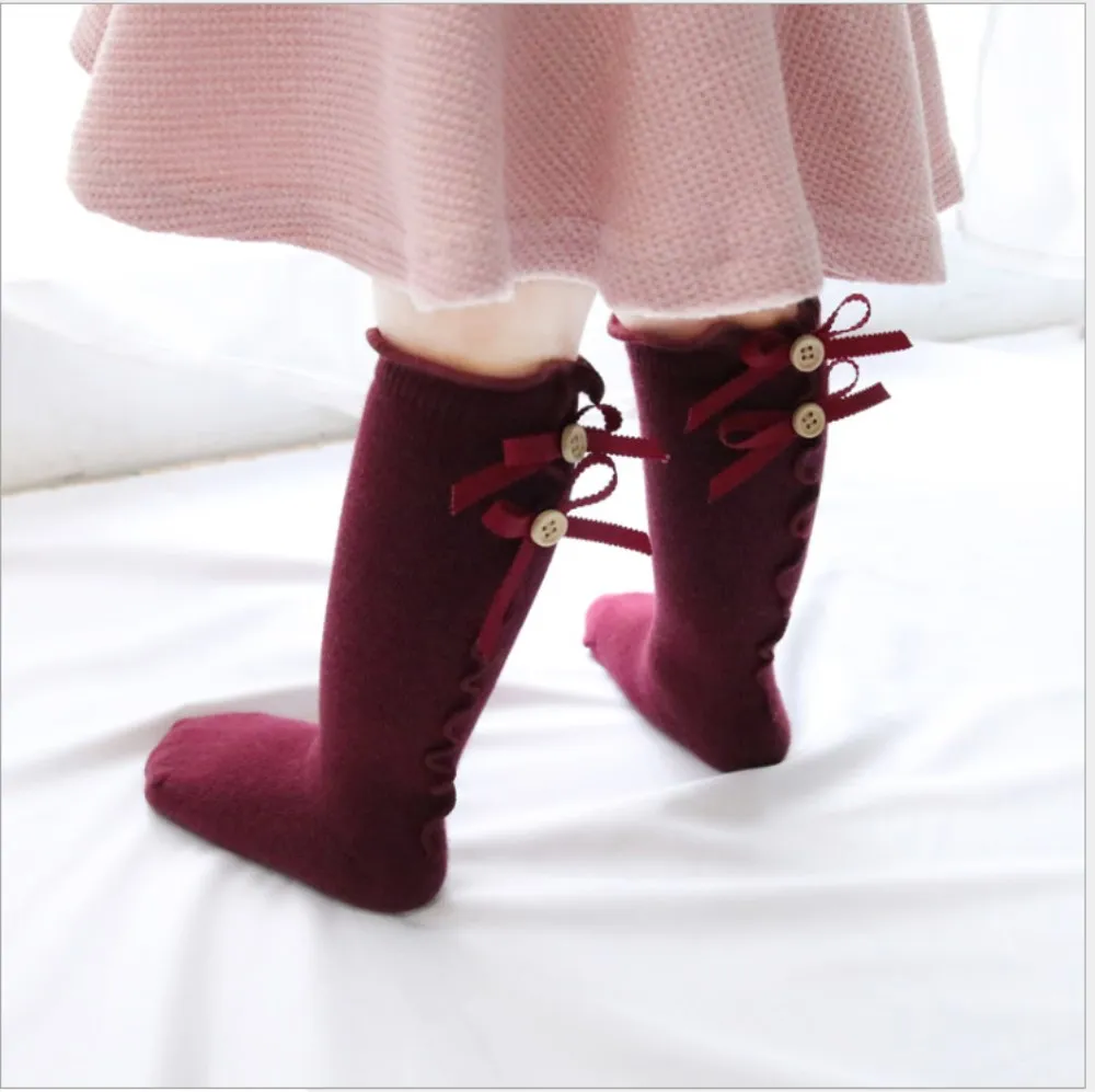 Новые брендовые носки для детей ясельного возраста, для девочек, с большим бантом, до колена, мягкие, хлопковые, кружевные, однотонные, Осенние, теплые, с оборками, с бантом, Лидер продаж - Цвет: Wine Red