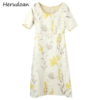 

Herudoan Fashion Runway Designer Summer Dress Women's Short Sleeve Floral Print Vintage Ladies Elegant Mini Dress Vestidos