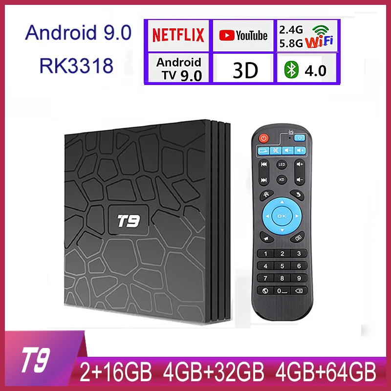 T9 Android 9.0 Smart TV 4K Box QuadCore USB 3.0 Set Top 2.4G/5G Dual WIFI 4G32G Media Player | Электроника