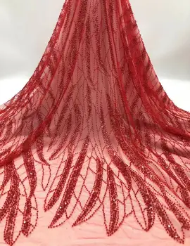 

High Quality African Lace Fabric With Sequins Tissu Indian Fabric for Wedding Dress red French Tulle Lace Material FZ913
