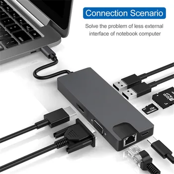

8 in 1 USB 3.0 Hub Type-C Multifunctional Dock Station Rj45 HDMI VGA PD Gigabit Ethernet Network Adapter Splitter Card Reader