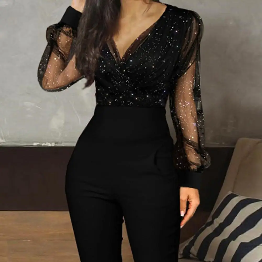 Deep V Neck Mesh Long Sleeve Jumpsuit One Piece Overall Women Black Elegant Sequins Glitter Party Night Sexy Bodysuits |