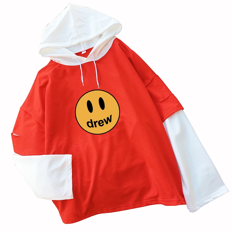 Женские толстовки с капюшоном со смайликом Kawaii Drew, модные толстовки с заниженным плечом, повседневная женская уличная одежда для осени и зимы