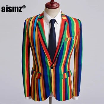 

Aismz New Mens Colorful Stripe Print Blazer Design Plus Size Stylish Casual Male Slim Fit Suit Jacket Singer Prom Coat Outfit
