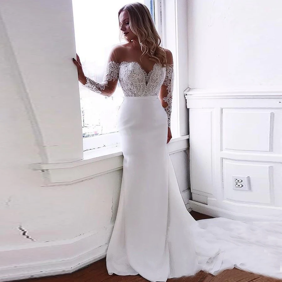 

Sheer Scoop Neckline Applique Lace Satin Mermaid Wedding Dress Long Sleeve Court Train Bridal Gown Vestido De Casamento