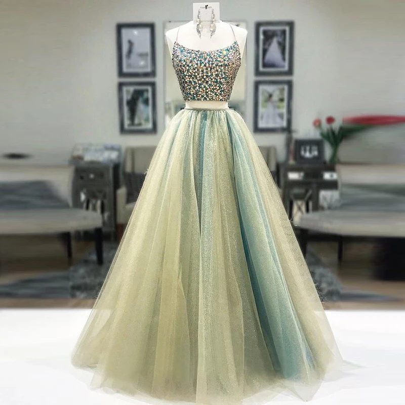 Two Piece Prom Dresses Crystals Scoop Spaghetti Strap A-Line Beaded with Rhinestones Real Green Evening Dress Party Gowns 2020 long prom dresses Prom Dresses