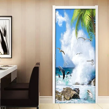 

Self-adhesive Door Sticker Sea Waves Dolphin Seascape 3D Poster Photo Wallpaper Living Room Bedroom Door Mural Wall Art Stickers