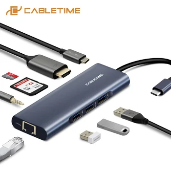 

CABLETIME USB HUB to HDMI USB 3.0 VGA Type-c HUB Card Reader RJ45 Lan Date Transmission Adapter for Matebook PD Charging C259