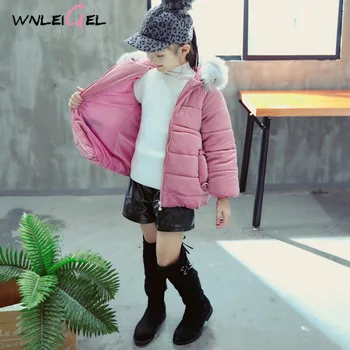 

WLG winter girl fanshion solid down jacket girls hooded plush neck casaul clothes kids girl cotton candy parka cloth 2-7 years