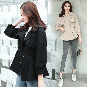 

Female Windswear Spring and Autumn Turn-over Collar Slim Waist Short Windswear Coat Polyester Acetate Casual Turn-down Collar
