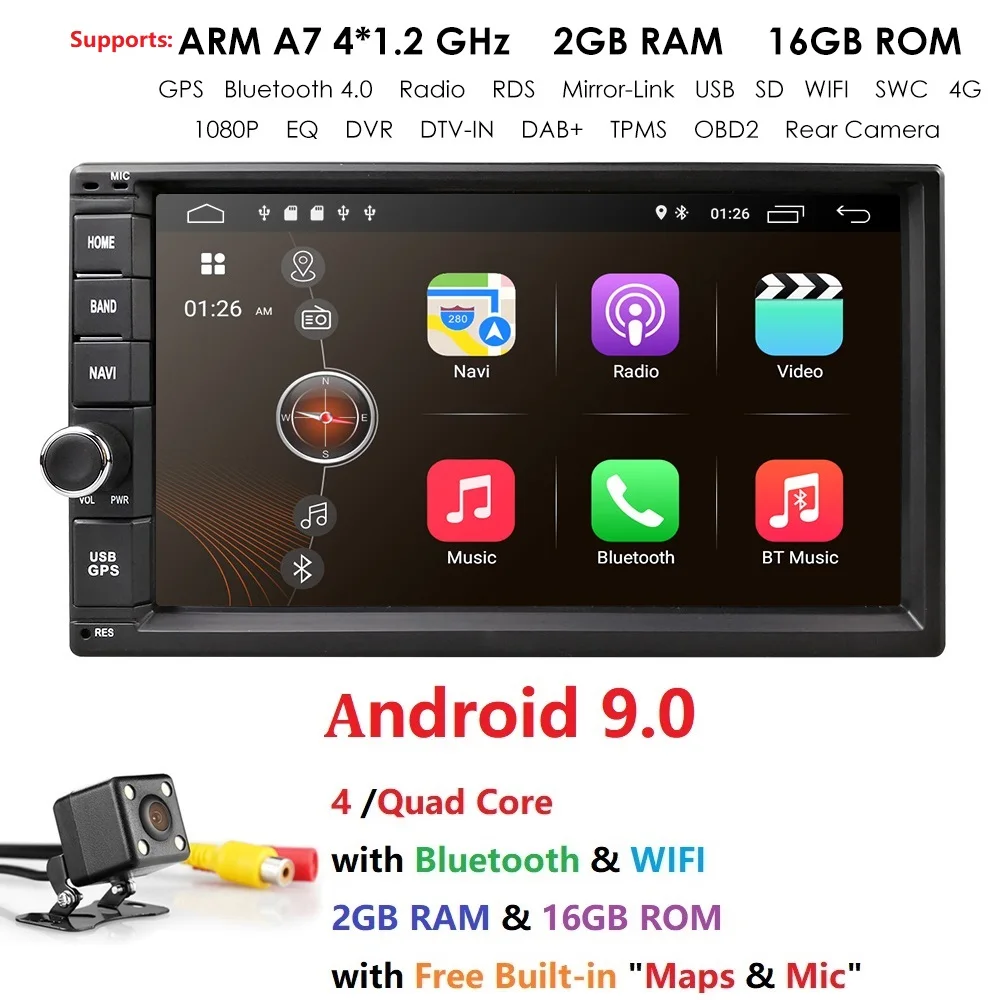 Sale QuadCore 7"2Din Android 9.0 Universal Car NO-DVD Player Radio Multimedia 1024*600 GPS Navigation autoradio Stereo Audio RAM:2GB 0