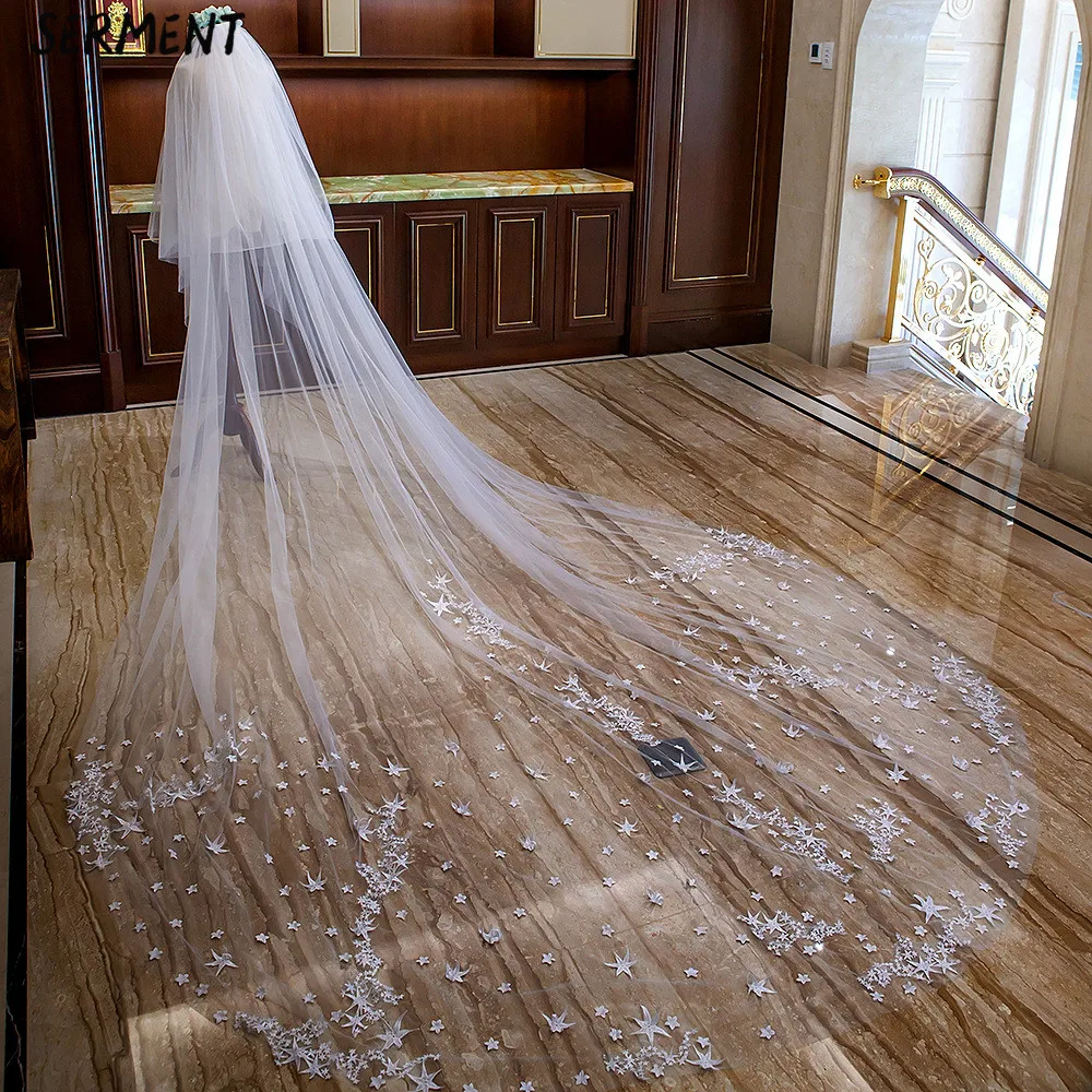 SERMENT New Lace Flowers Bridal Veil Classic Cathedral Long Veil One-Layer 400cm Shoulder Length Veil Wedding Accessories