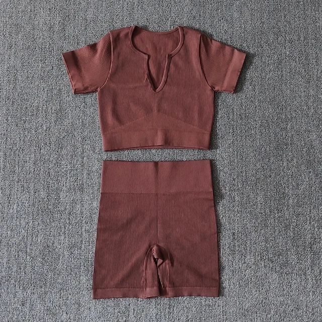 2/4/6PCS Seamless Women Yoga Set Workout Sportswear Fitness Bra Sport Pants Gym Clothing High Waist Leggings Shorts Sports Suits Brown