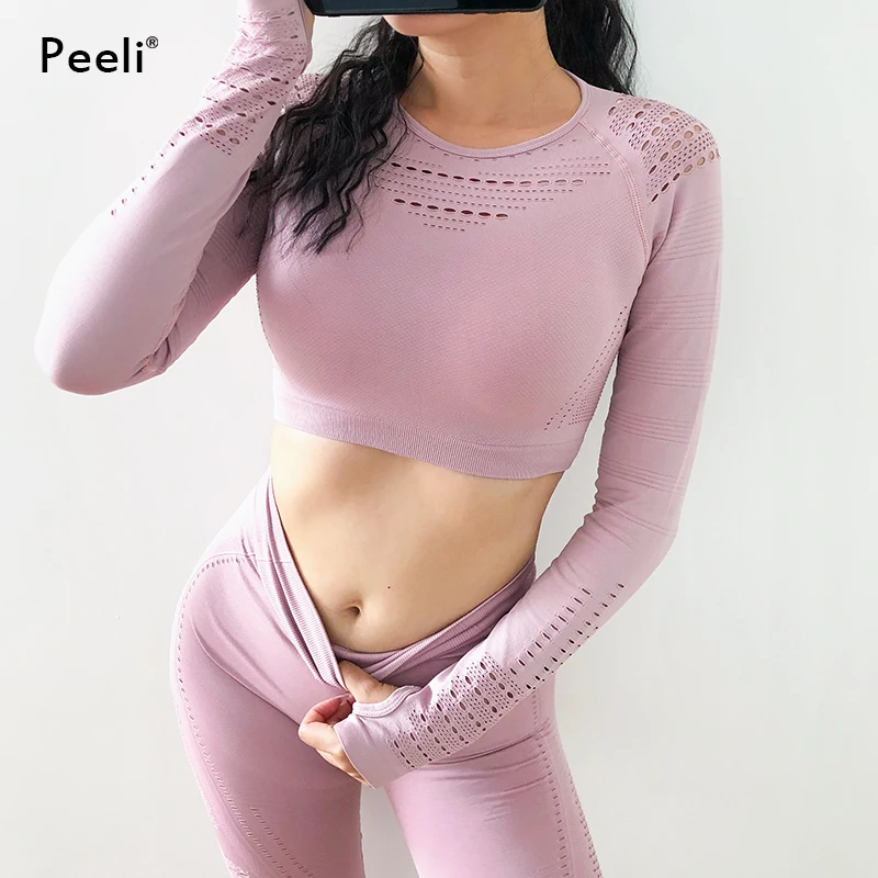 Peeli 2 PC Women Sports Suit Seamless Yoga Set Workout Gym Set Push Up Seamless Leggings Long Sleeve Crop Tops Fitness Clothing