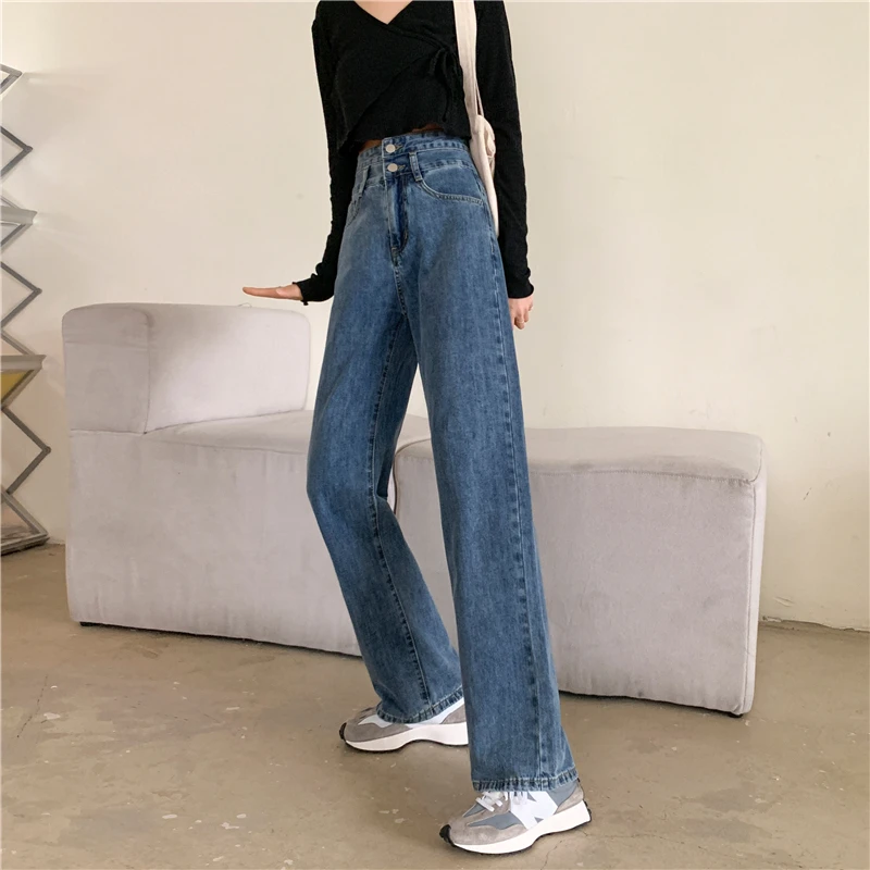 high waisted jeans Double Buckle Jeans New Wide Leg Pants High-Waisted Jeans Loudspeaker Pants Straight Leg Jeans Blue Washed Demin  Black Pants fashion clothing