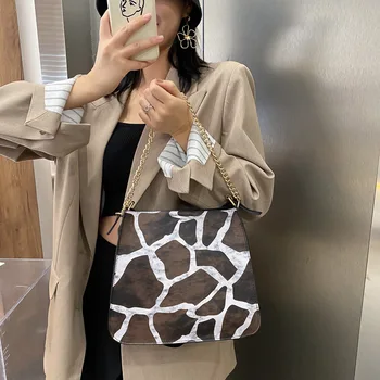 

Women's Retro Leopard Stone Pattern Handbag 2020 Winter Female Casual High Capacity Bucket Bags PU Leather Lady Tote Chain Bag