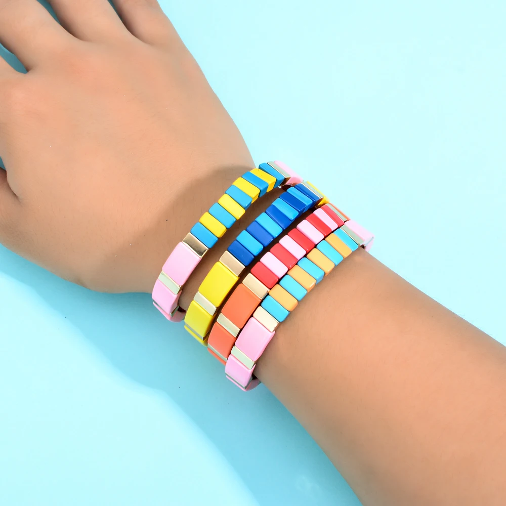 

ZMZY Wholesale Enamel Boho Rainbow Tile Bracelet Handmade Customized Beads Stackable Tile Bracelets for Women Jewelry