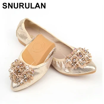

SNURULAN New Spring Women Folding Flat Shoes 2019 Handmade Rhinestone Flower Pointed Toe Solid Soft Ballet Flats Shoes