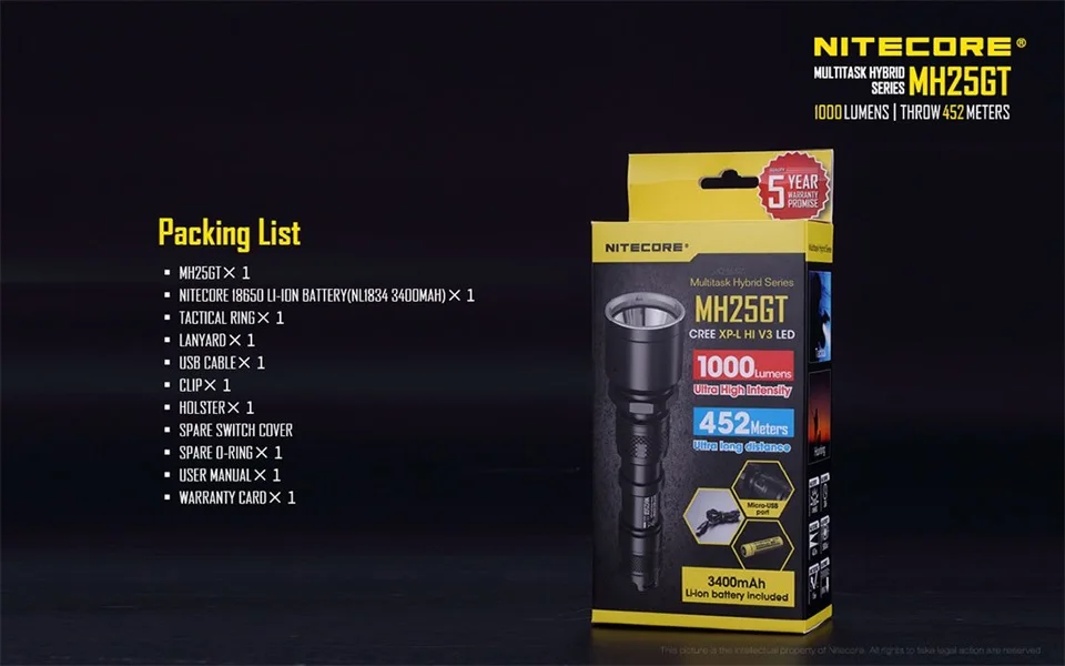 NITECORE MH25GT водонепроницаемый 1000LM Тактический CREE XP-L HI V3 светодиодный светильник лампа вспышка светильник фонарь+ 18650 батарея+ кобура+ USB кабель