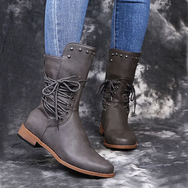 Women Flat PU Cowboy Leather Boots Female Cross-tie Rivet Mid-Calf Boots Ladies Low Square Heel Shoes