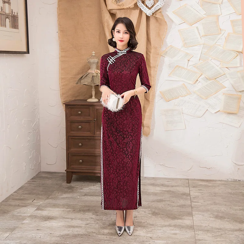 Черное кружевное китайское свадебное платье cheongsam китайское традиционное платье женское длинное платье qipao для свадебной вечеринки китайское платье - Цвет: color5