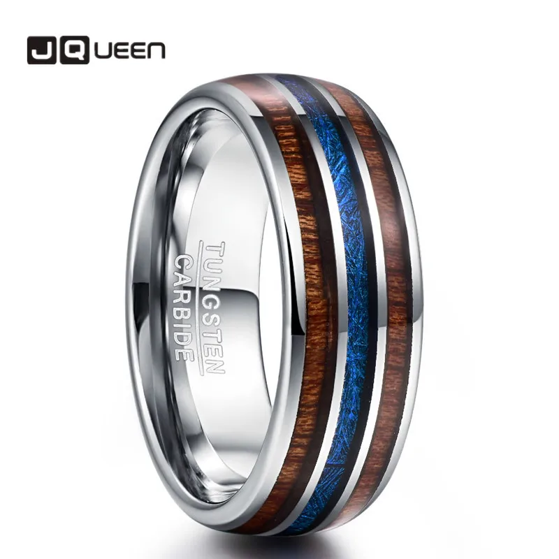 Anello Da Uomo In Legno Di Koa Hawaiano Lucido Da 8Mm Fedi Nuziali Blu Imitazione Vermiculite 100% Anello In Carburo Di Tungsteno Gioielli