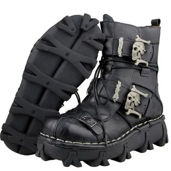 

Motorcycle Boots Army Combat Boots Gothic Skull Punk Boots Board Shoes Cowhide Leather Winter Round Toe Leather Ankle Men Boots